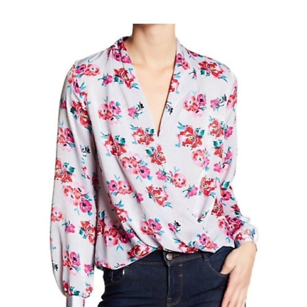 Lush Floral Satin Faux Wrap Surplice Blouse Lavender Pink Large